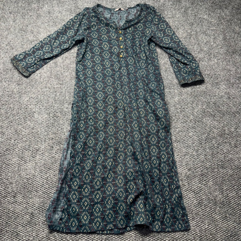 Avaasa Teal Blue Ikat Print Longline Tunic Kurti Top Women Medium 92cm